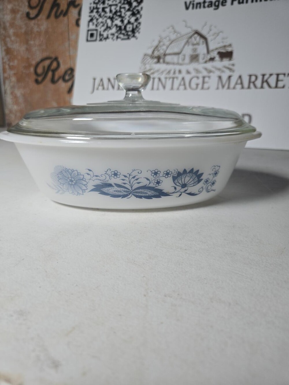 Vintage Milk Glass Casserole Dish – Blue Floral Pattern – Clear Glass Lid